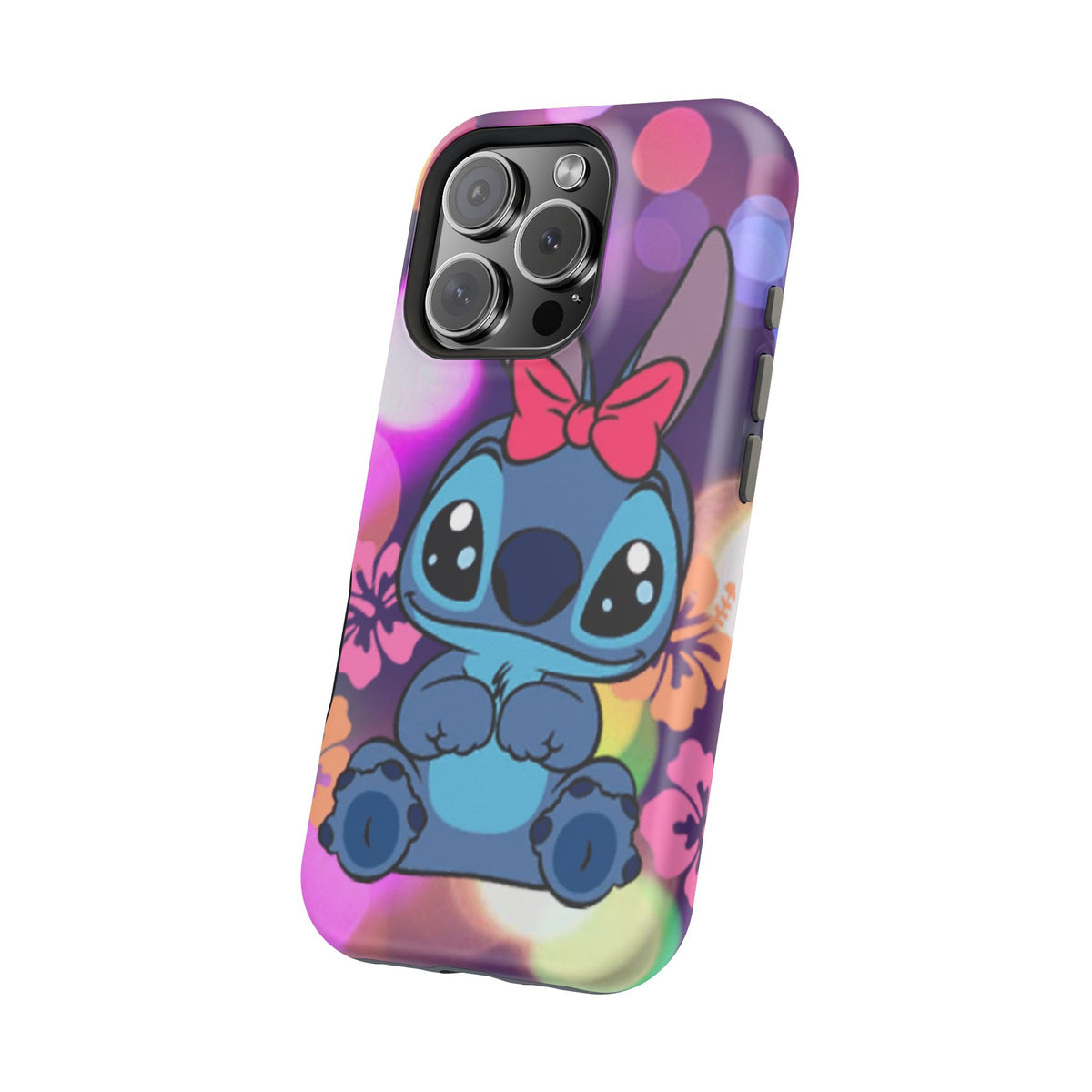 Cute Cartoon Stitch Phone Case - Magnetic Impact-Resistant Cover with Bow & Floral Bokeh Design
