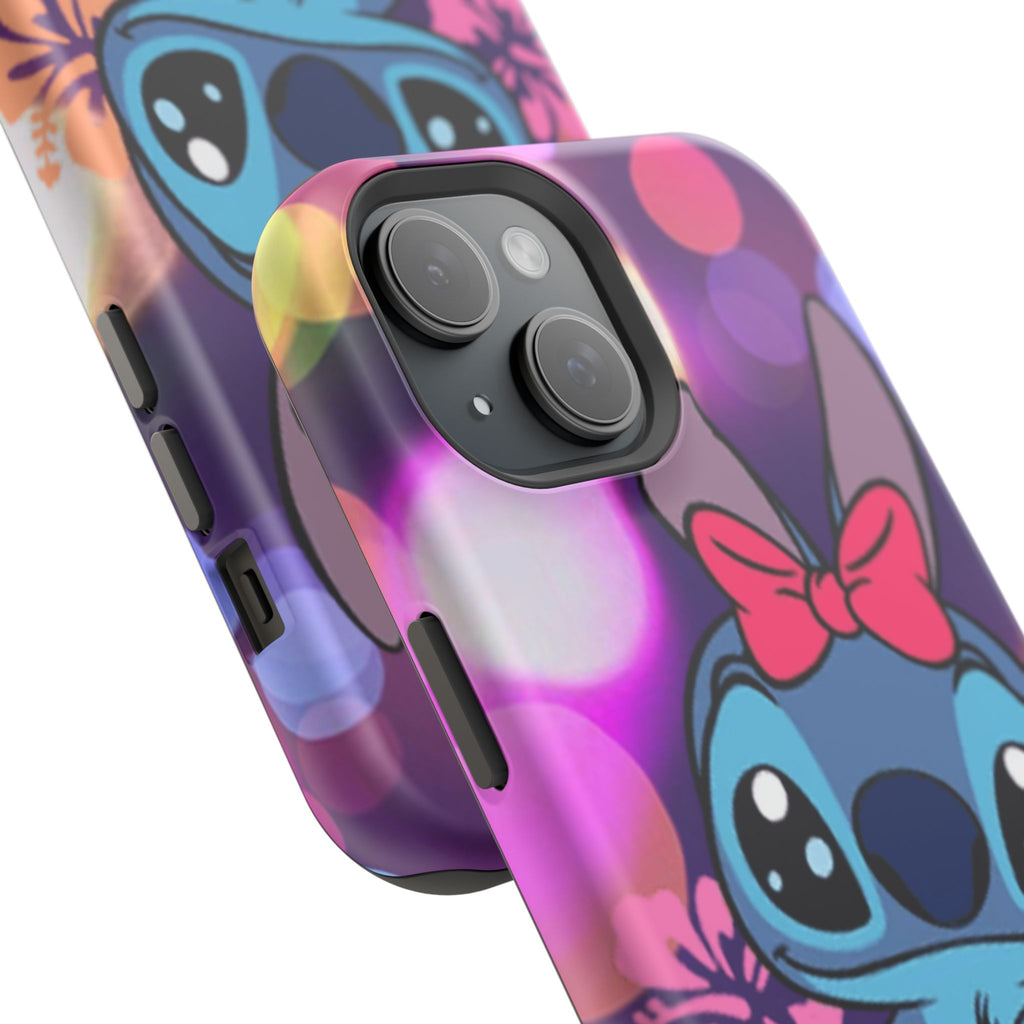 Cute Cartoon Stitch Phone Case - Magnetic Impact-Resistant Cover with Bow & Floral Bokeh Design