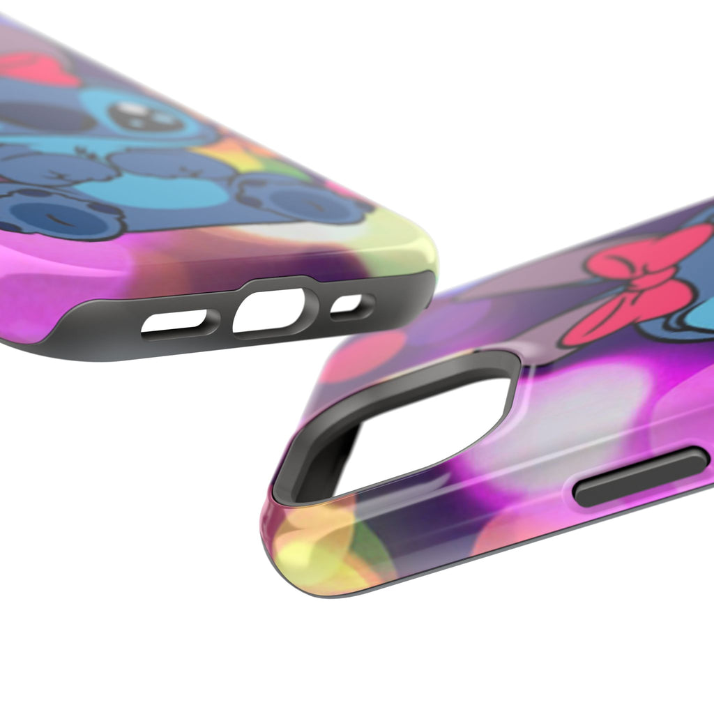Cute Cartoon Stitch Phone Case - Magnetic Impact-Resistant Cover with Bow & Floral Bokeh Design