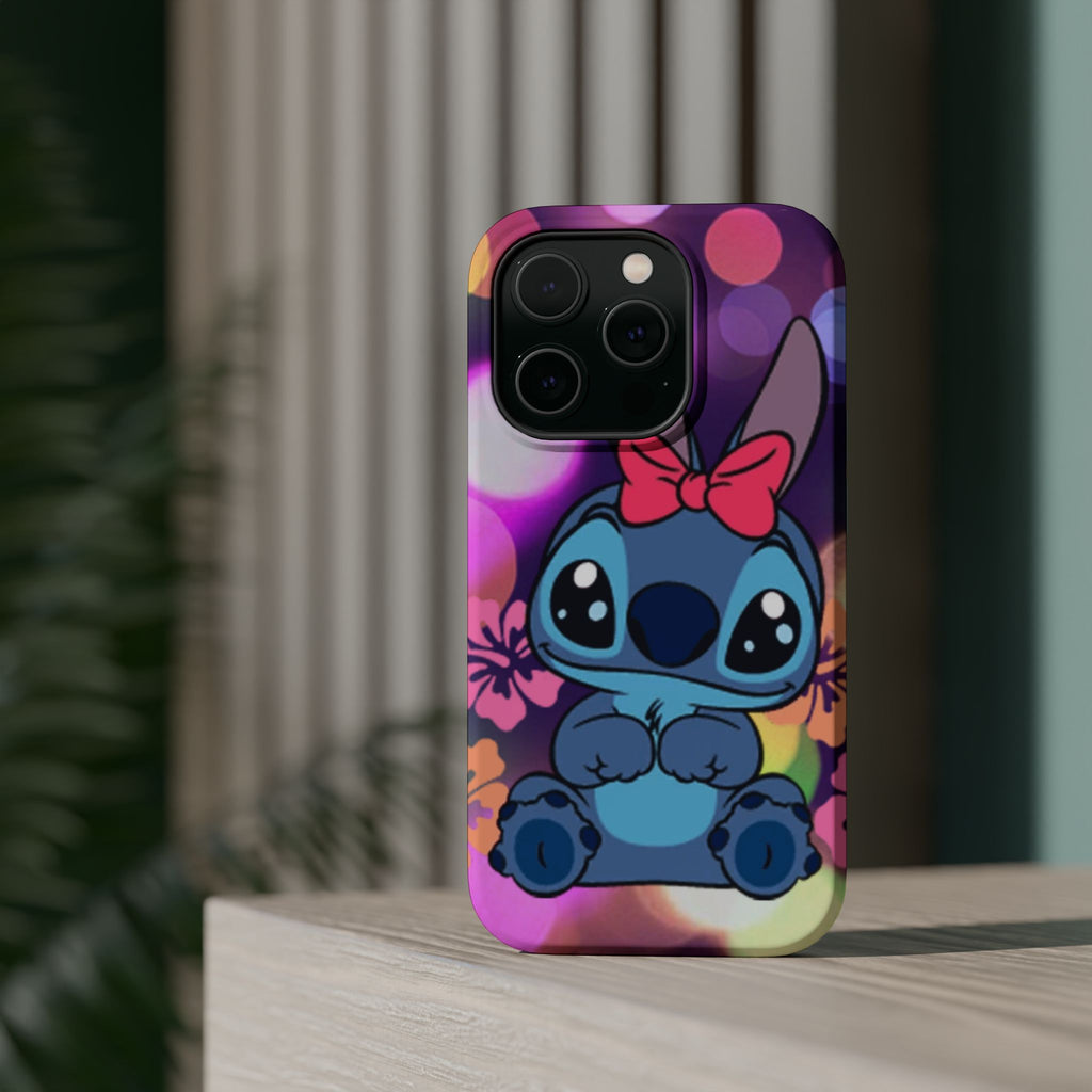 Cute Cartoon Stitch Phone Case - Magnetic Impact-Resistant Cover with Bow & Floral Bokeh Design