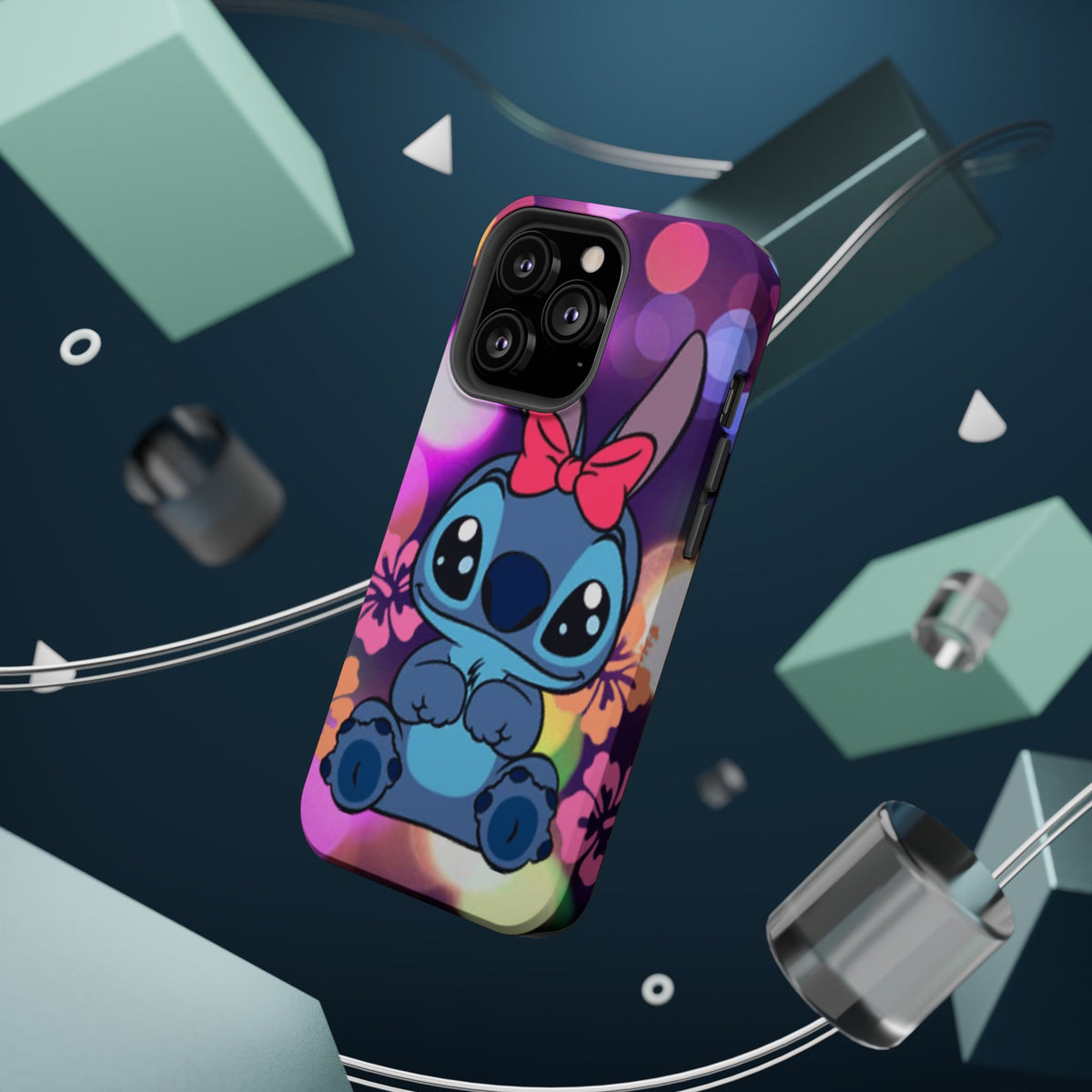 Cute Cartoon Stitch Phone Case - Magnetic Impact-Resistant Cover with Bow & Floral Bokeh Design