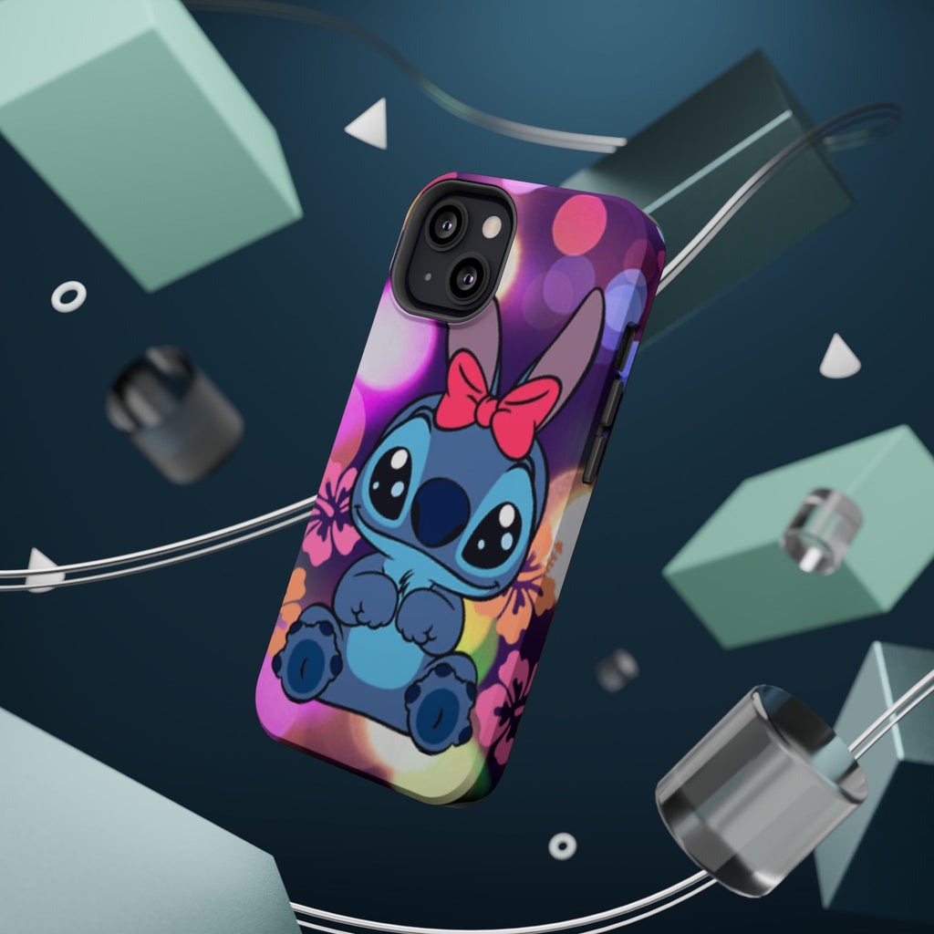 Cute Cartoon Stitch Phone Case - Magnetic Impact-Resistant Cover with Bow & Floral Bokeh Design