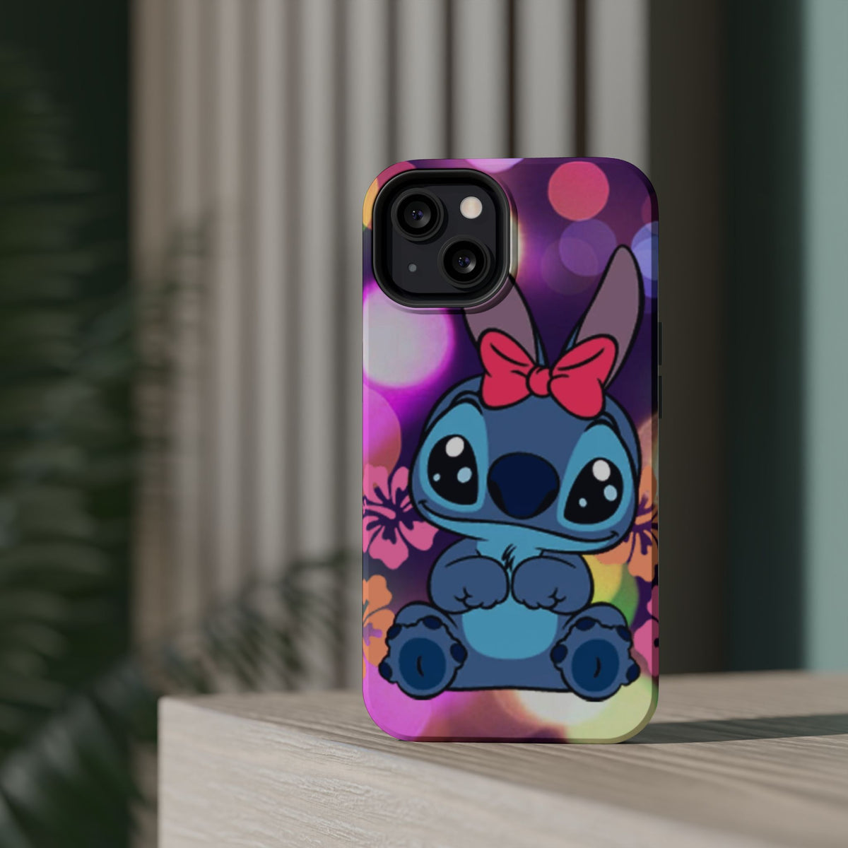 Cute Cartoon Stitch Phone Case - Magnetic Impact-Resistant Cover with Bow & Floral Bokeh Design