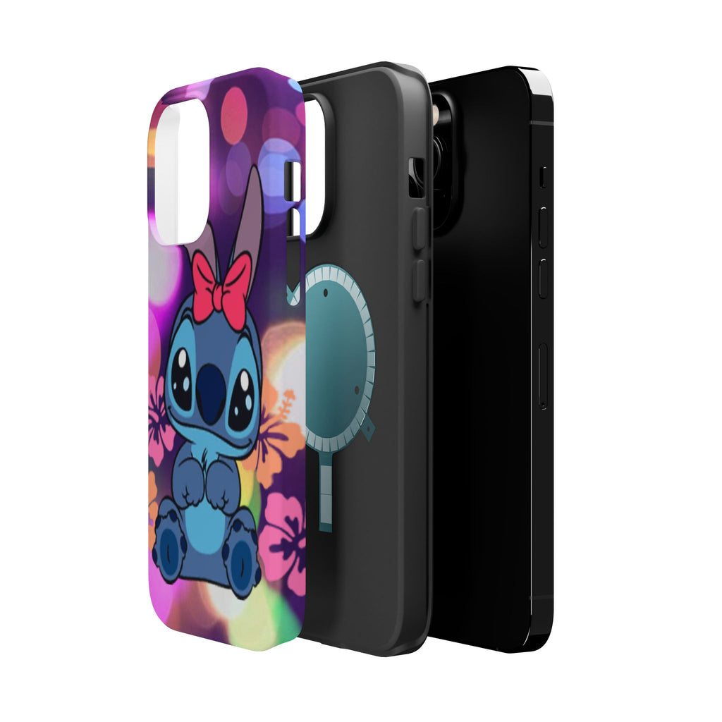 Cute Cartoon Stitch Phone Case - Magnetic Impact-Resistant Cover with Bow & Floral Bokeh Design