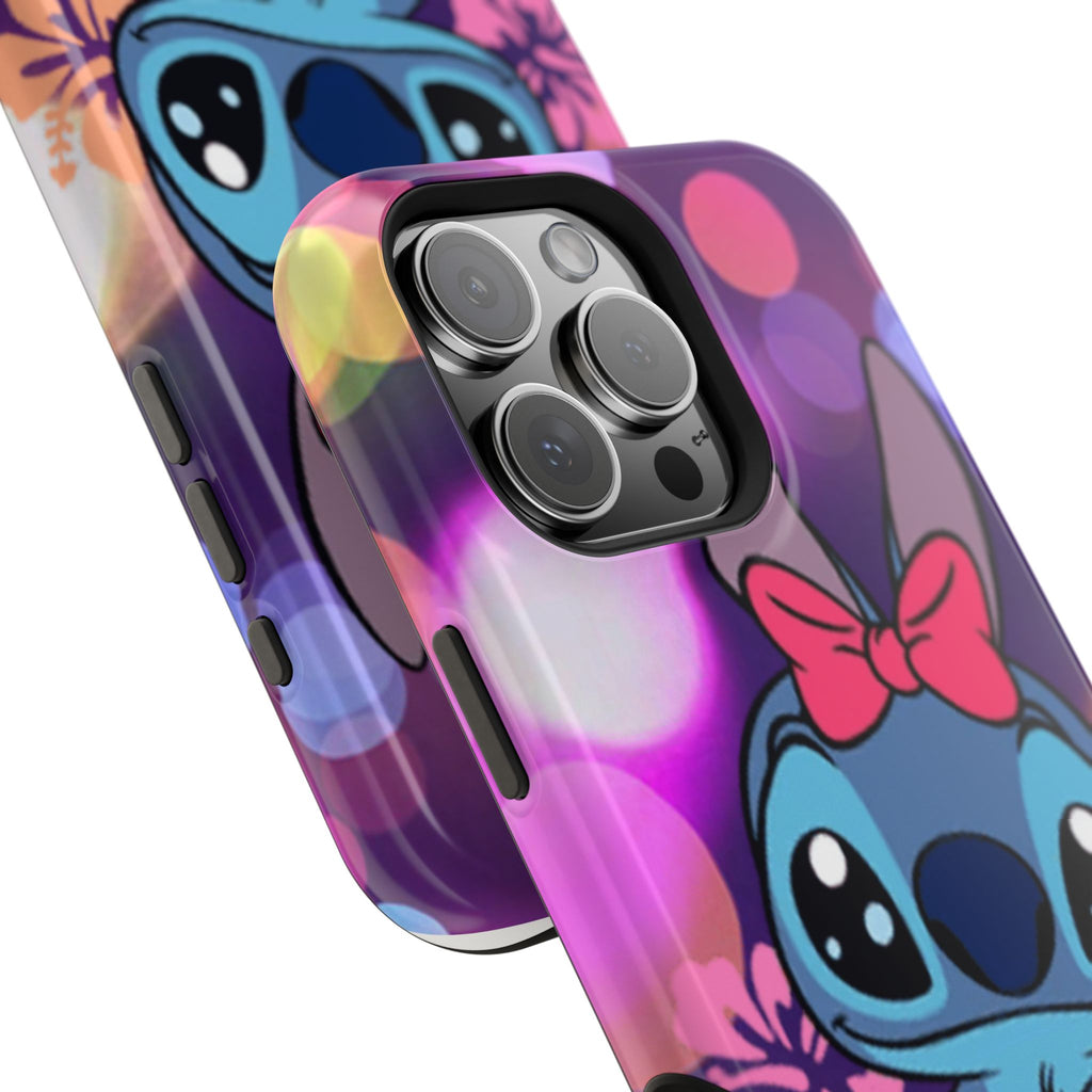 Cute Cartoon Stitch Phone Case - Magnetic Impact-Resistant Cover with Bow & Floral Bokeh Design