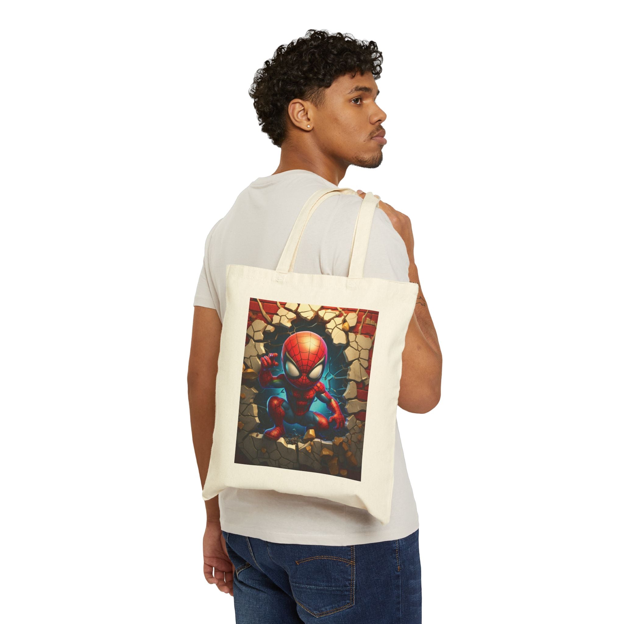 Spidey Wall-Break Canvas Tote Bag — Cute Superhero Shopper