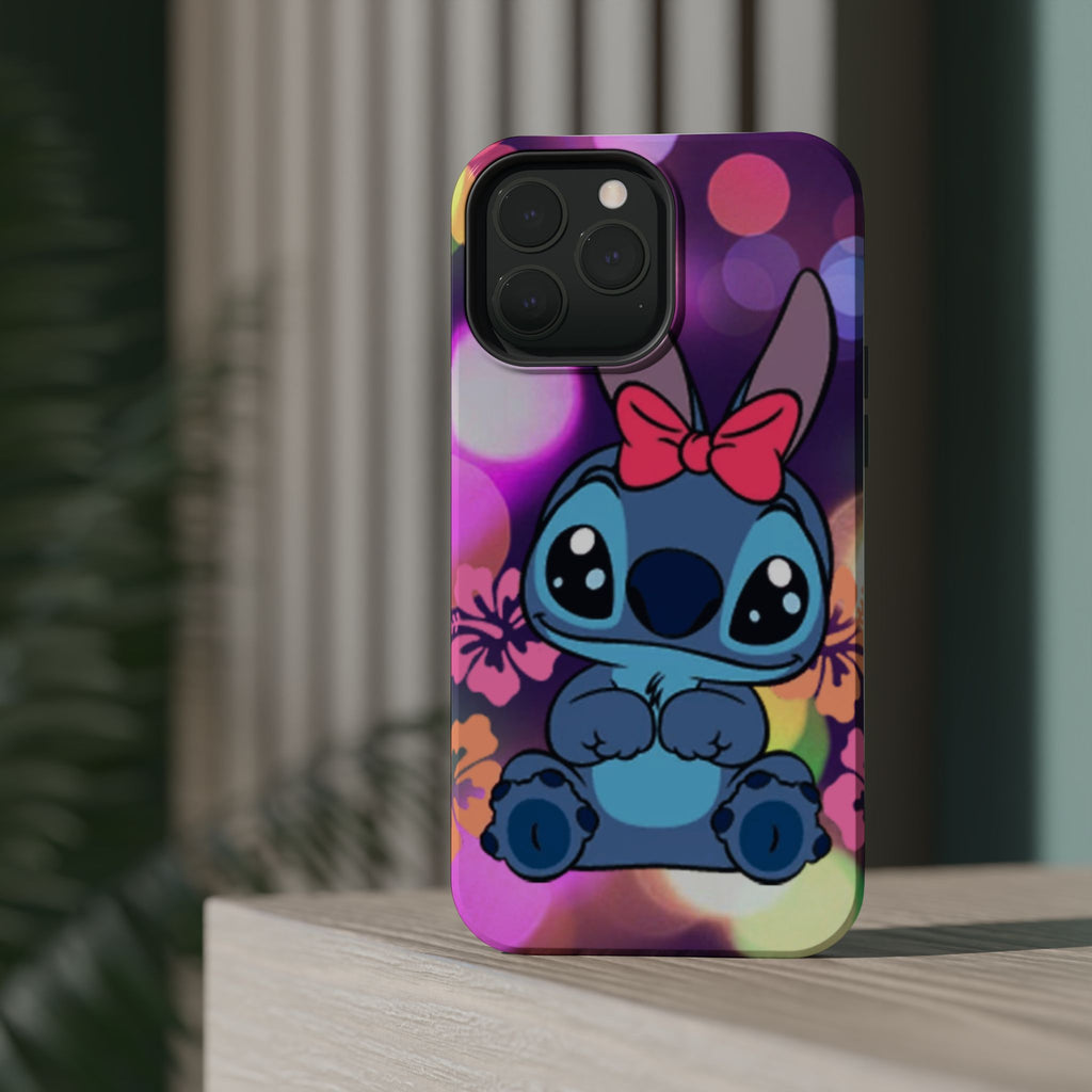 Cute Cartoon Stitch Phone Case - Magnetic Impact-Resistant Cover with Bow & Floral Bokeh Design
