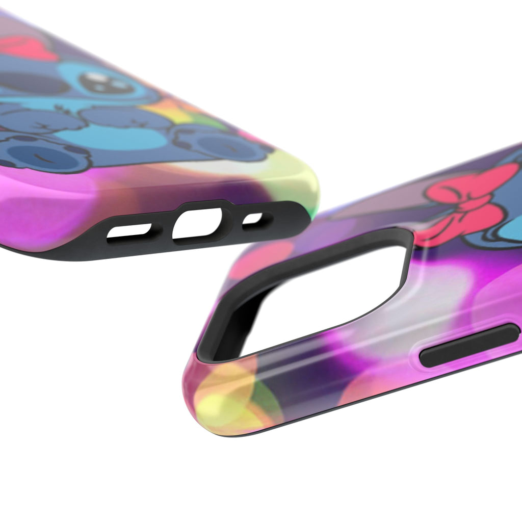 Cute Cartoon Stitch Phone Case - Magnetic Impact-Resistant Cover with Bow & Floral Bokeh Design