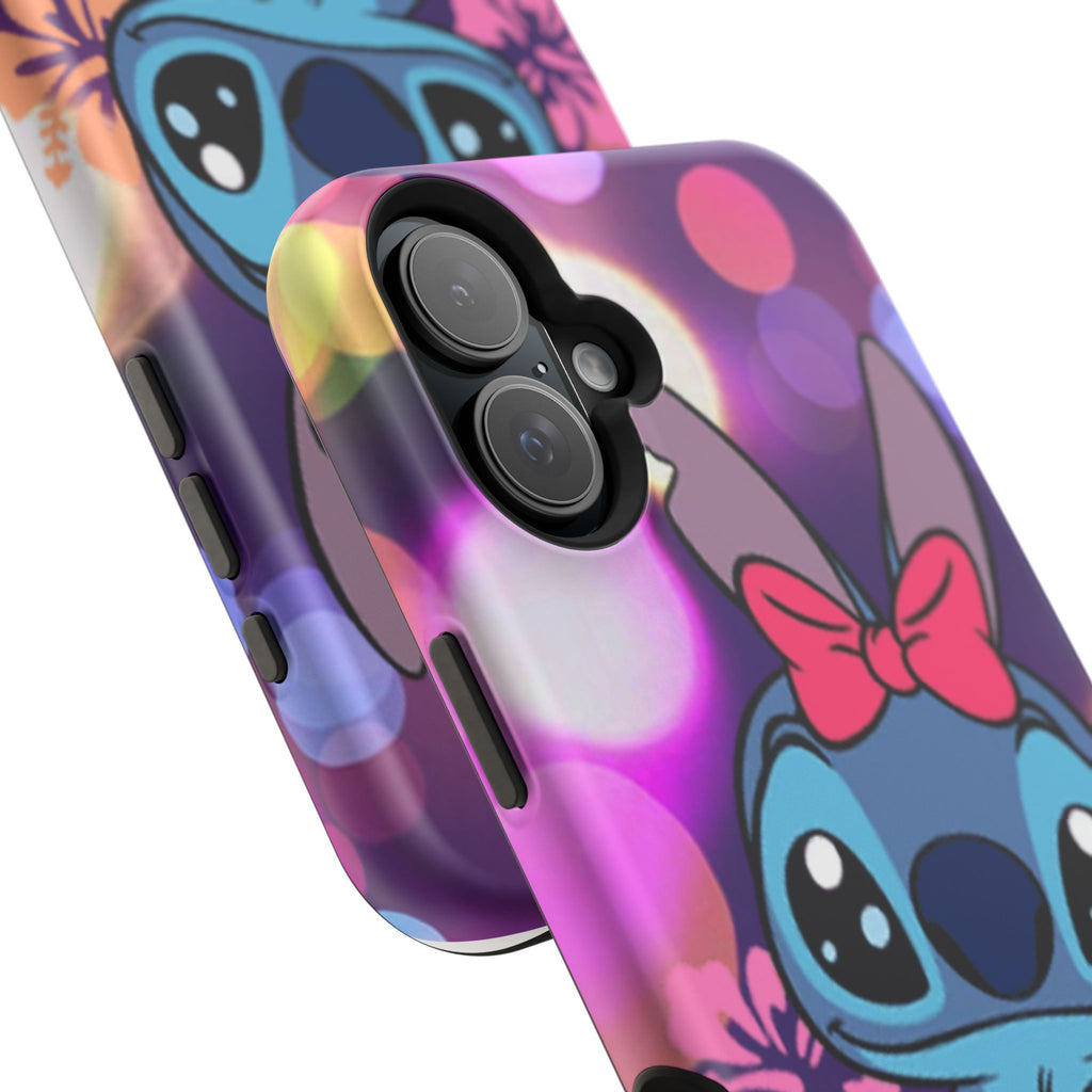 Cute Cartoon Stitch Phone Case - Magnetic Impact-Resistant Cover with Bow & Floral Bokeh Design