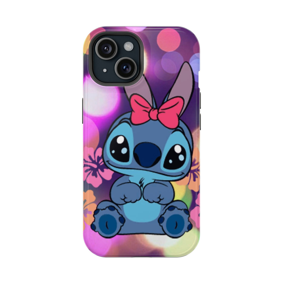 Cute Cartoon Stitch Phone Case - Magnetic Impact-Resistant Cover with Bow & Floral Bokeh Design