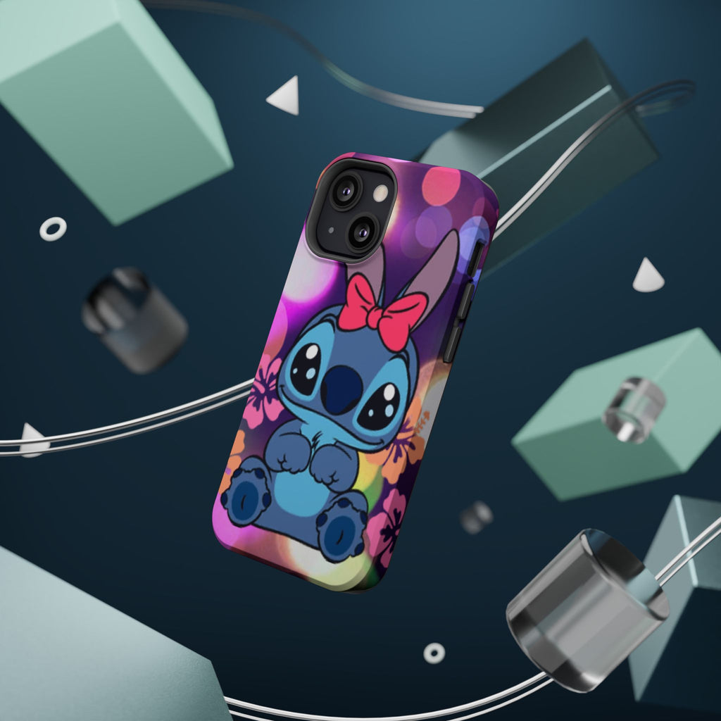 Cute Cartoon Stitch Phone Case - Magnetic Impact-Resistant Cover with Bow & Floral Bokeh Design