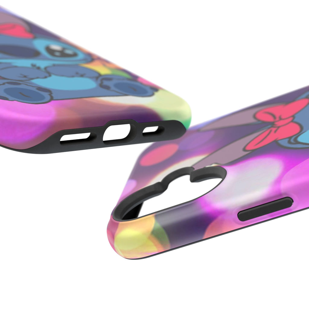 Cute Cartoon Stitch Phone Case - Magnetic Impact-Resistant Cover with Bow & Floral Bokeh Design