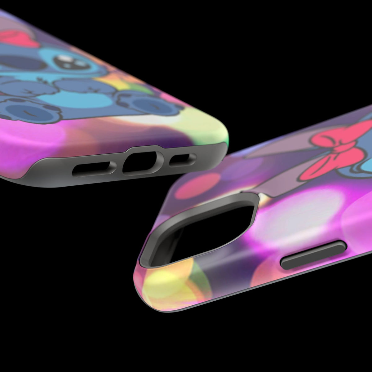 Cute Cartoon Stitch Phone Case - Magnetic Impact-Resistant Cover with Bow & Floral Bokeh Design