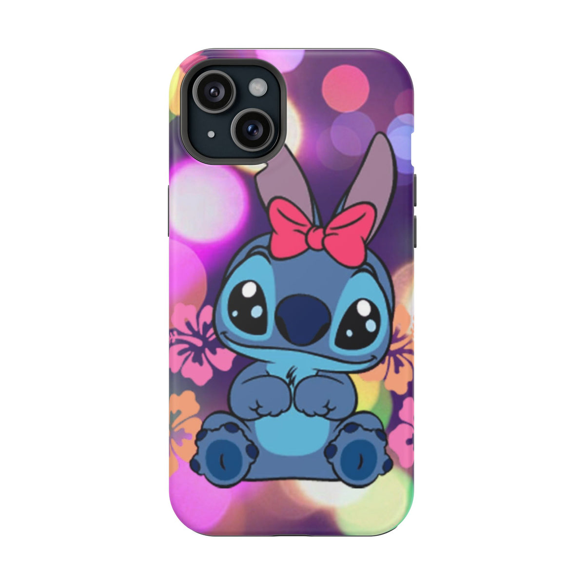 Cute Cartoon Stitch Phone Case - Magnetic Impact-Resistant Cover with Bow & Floral Bokeh Design