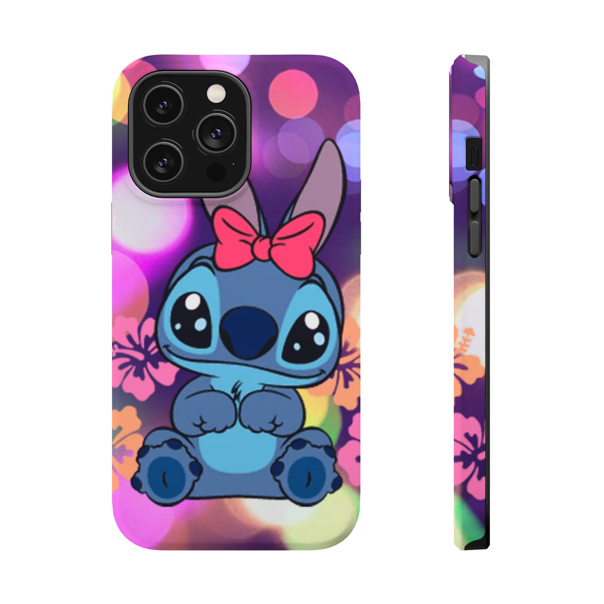 Cute Cartoon Stitch Phone Case - Magnetic Impact-Resistant Cover with Bow & Floral Bokeh Design