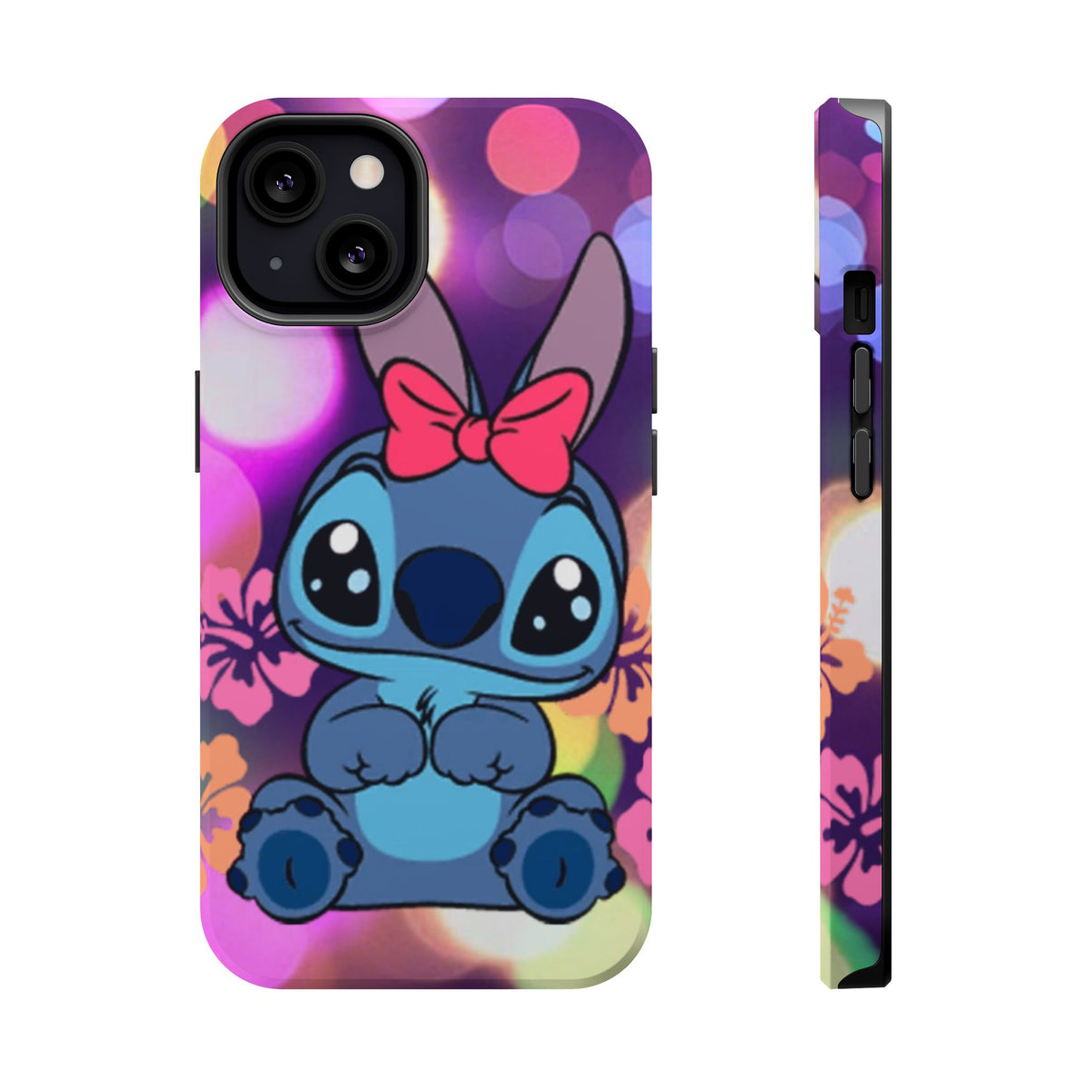 Cute Cartoon Stitch Phone Case - Magnetic Impact-Resistant Cover with Bow & Floral Bokeh Design