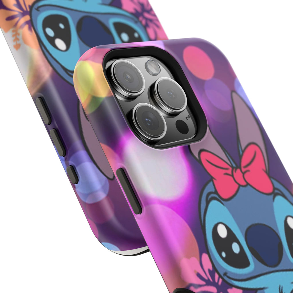 Cute Cartoon Stitch Phone Case - Magnetic Impact-Resistant Cover with Bow & Floral Bokeh Design