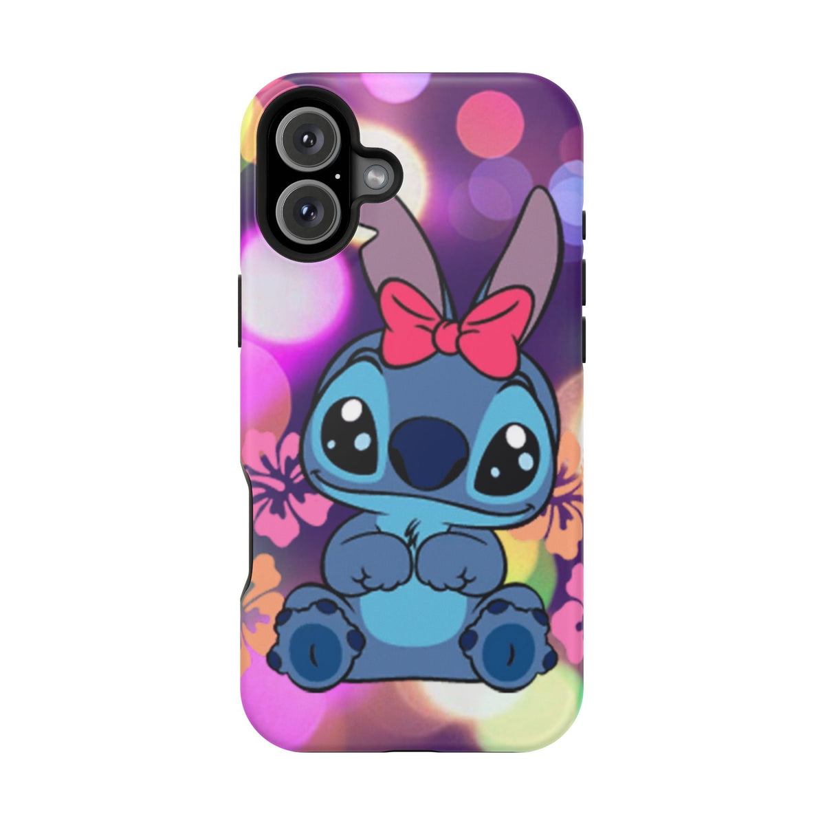 Cute Cartoon Stitch Phone Case - Magnetic Impact-Resistant Cover with Bow & Floral Bokeh Design