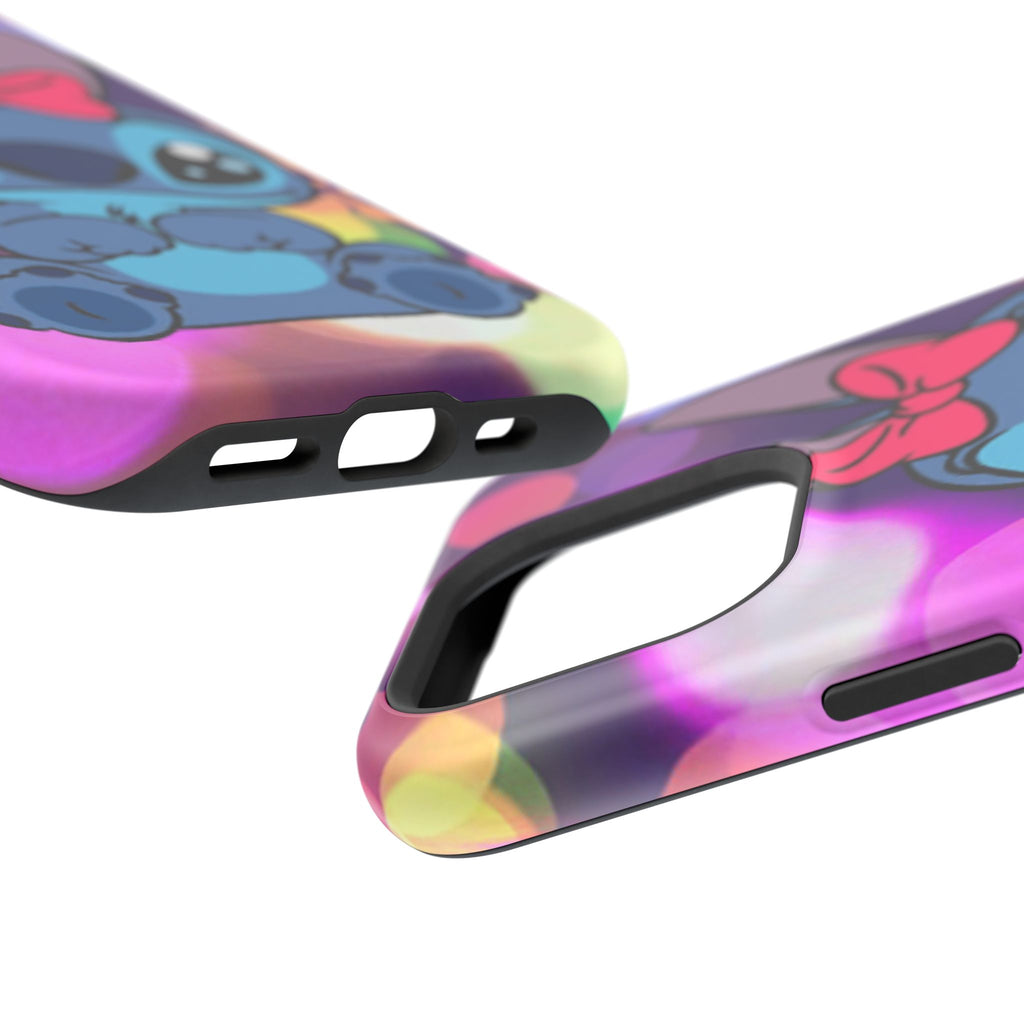 Cute Cartoon Stitch Phone Case - Magnetic Impact-Resistant Cover with Bow & Floral Bokeh Design