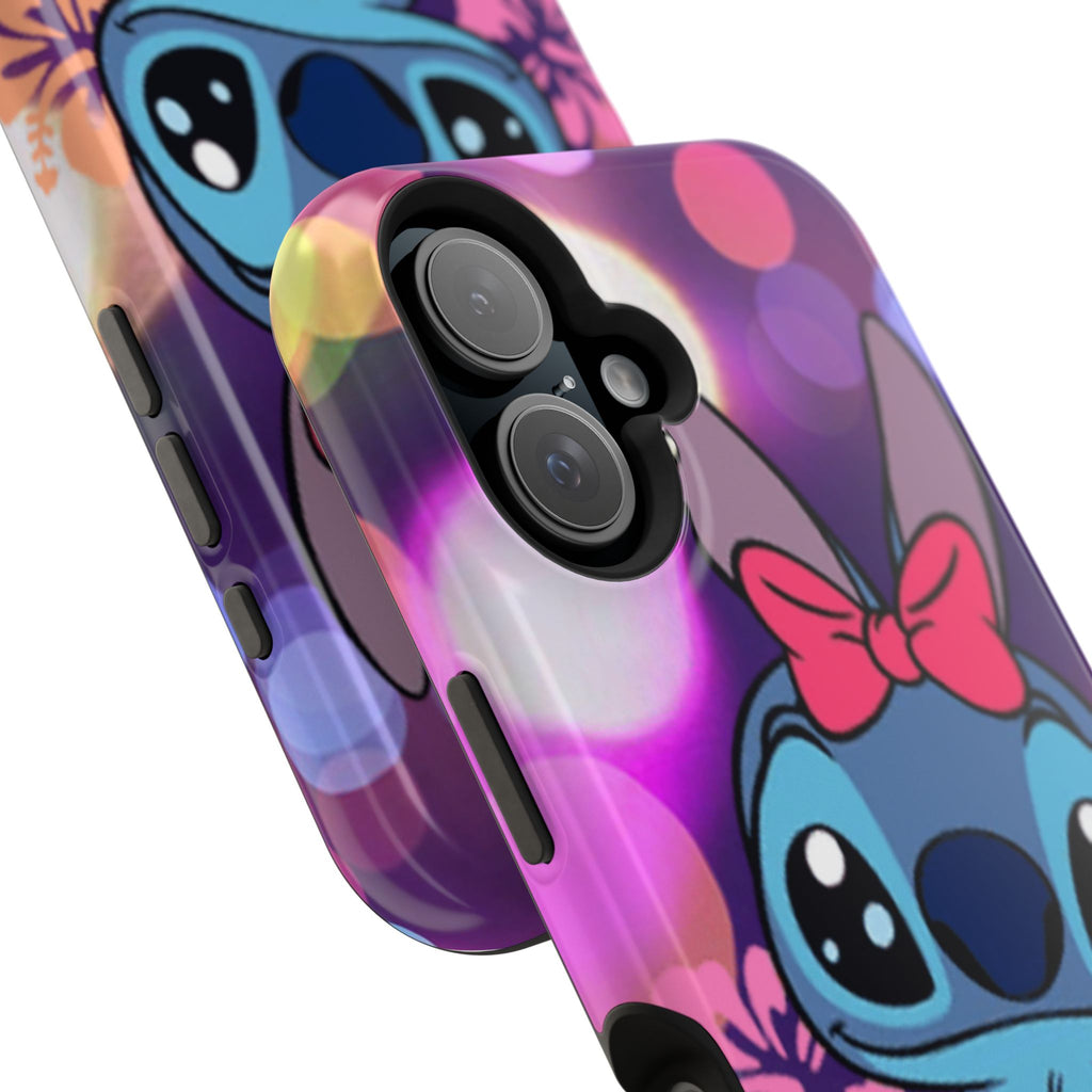 Cute Cartoon Stitch Phone Case - Magnetic Impact-Resistant Cover with Bow & Floral Bokeh Design