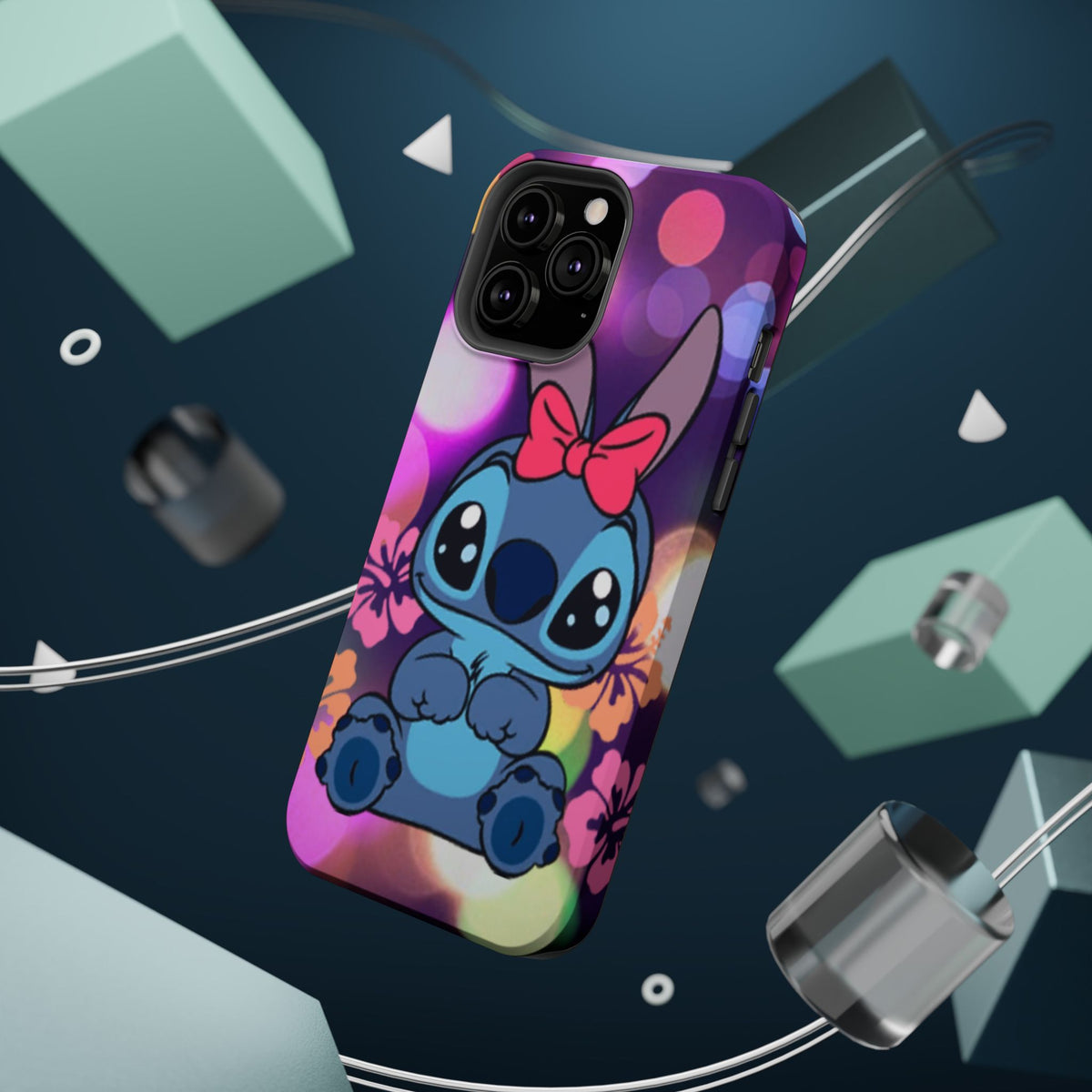 Cute Cartoon Stitch Phone Case - Magnetic Impact-Resistant Cover with Bow & Floral Bokeh Design