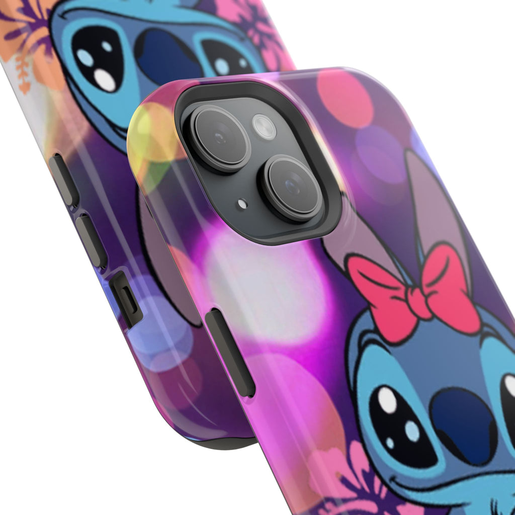 Cute Cartoon Stitch Phone Case - Magnetic Impact-Resistant Cover with Bow & Floral Bokeh Design