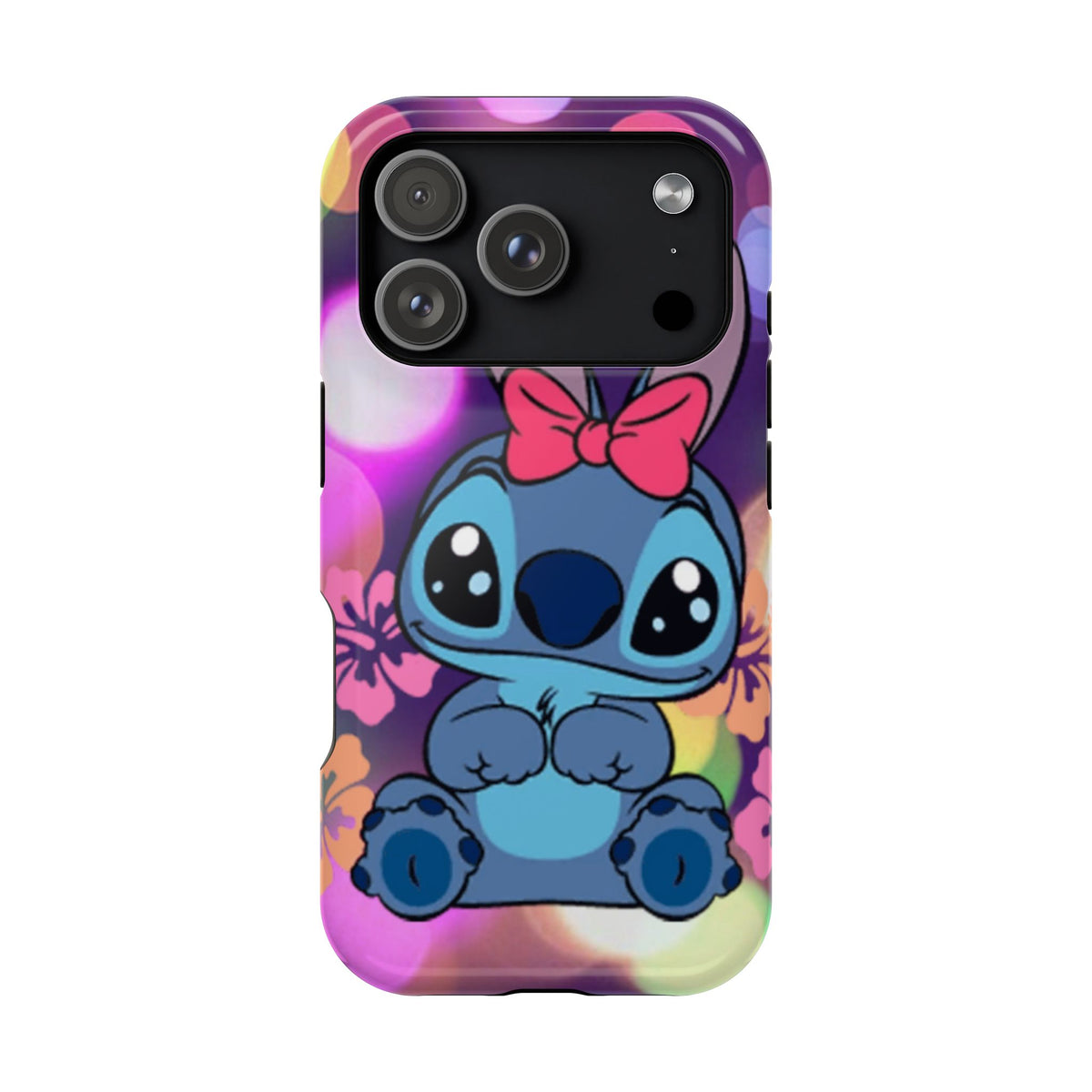 Cute Cartoon Stitch Phone Case - Magnetic Impact-Resistant Cover with Bow & Floral Bokeh Design