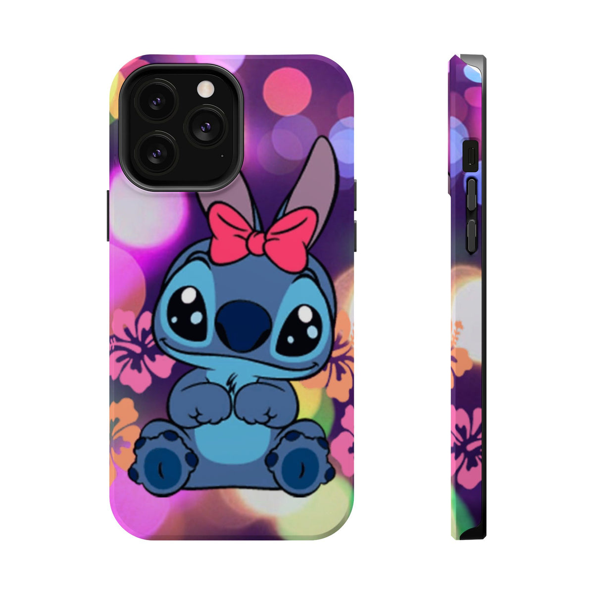 Cute Cartoon Stitch Phone Case - Magnetic Impact-Resistant Cover with Bow & Floral Bokeh Design