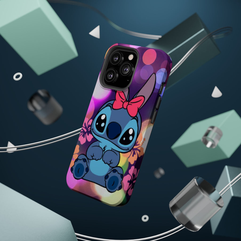 Cute Cartoon Stitch Phone Case - Magnetic Impact-Resistant Cover with Bow & Floral Bokeh Design