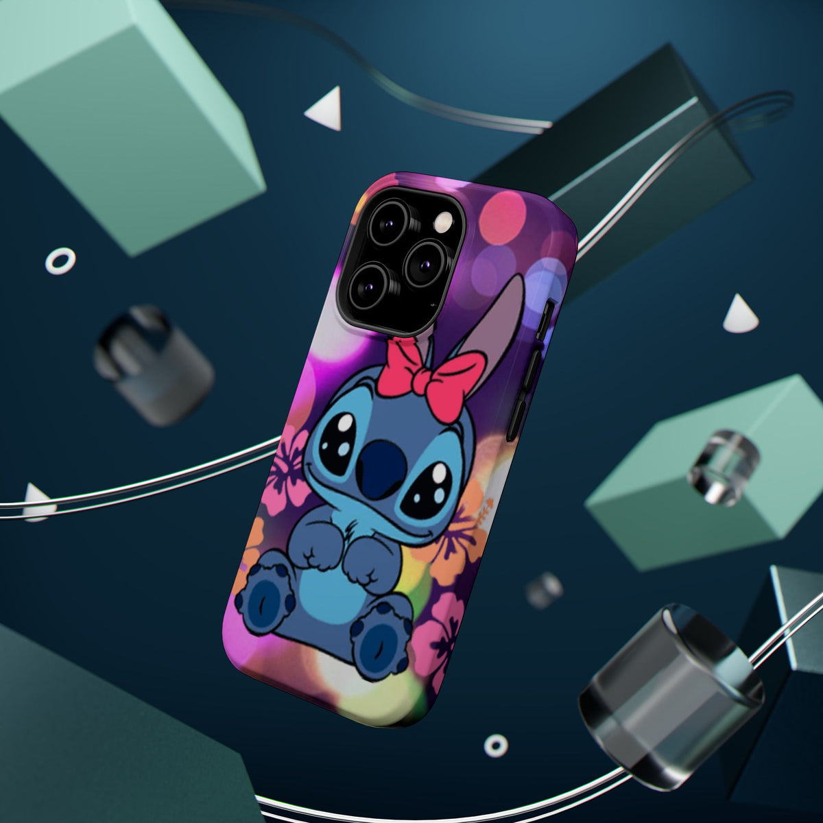 Cute Cartoon Stitch Phone Case - Magnetic Impact-Resistant Cover with Bow & Floral Bokeh Design