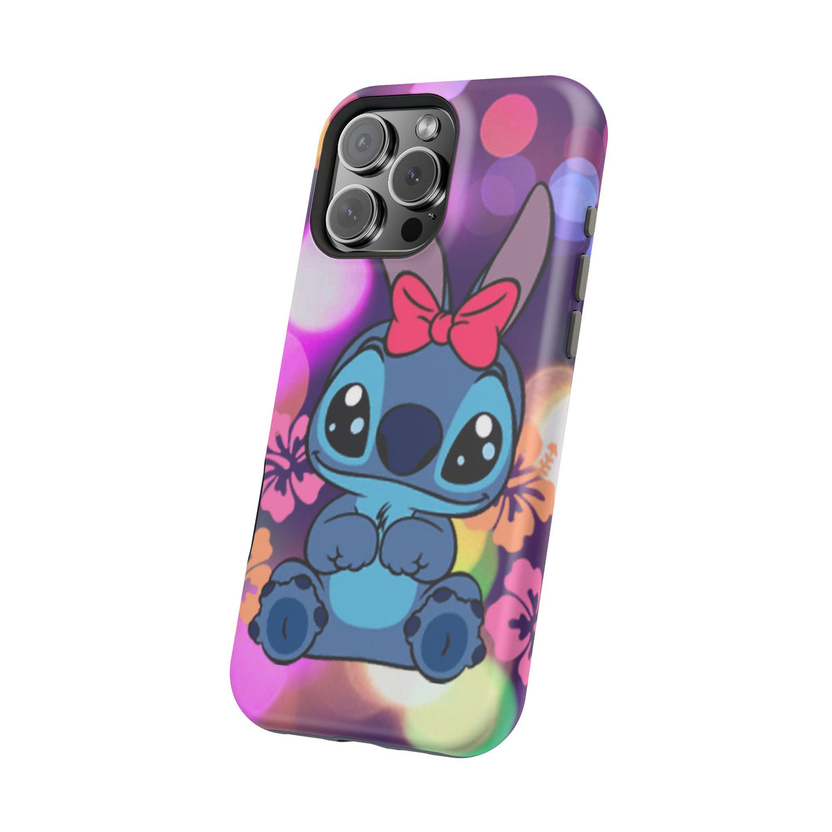 Cute Cartoon Stitch Phone Case - Magnetic Impact-Resistant Cover with Bow & Floral Bokeh Design