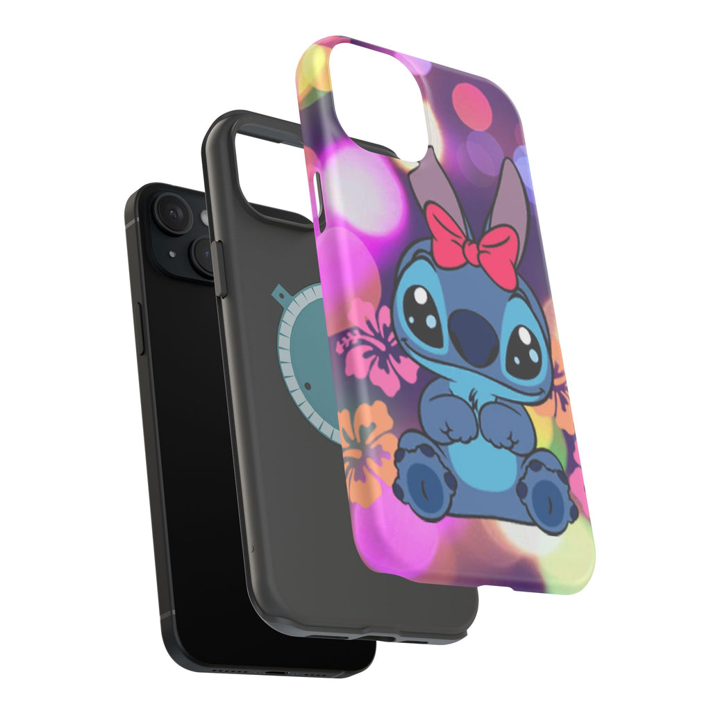 Cute Cartoon Stitch Phone Case - Magnetic Impact-Resistant Cover with Bow & Floral Bokeh Design