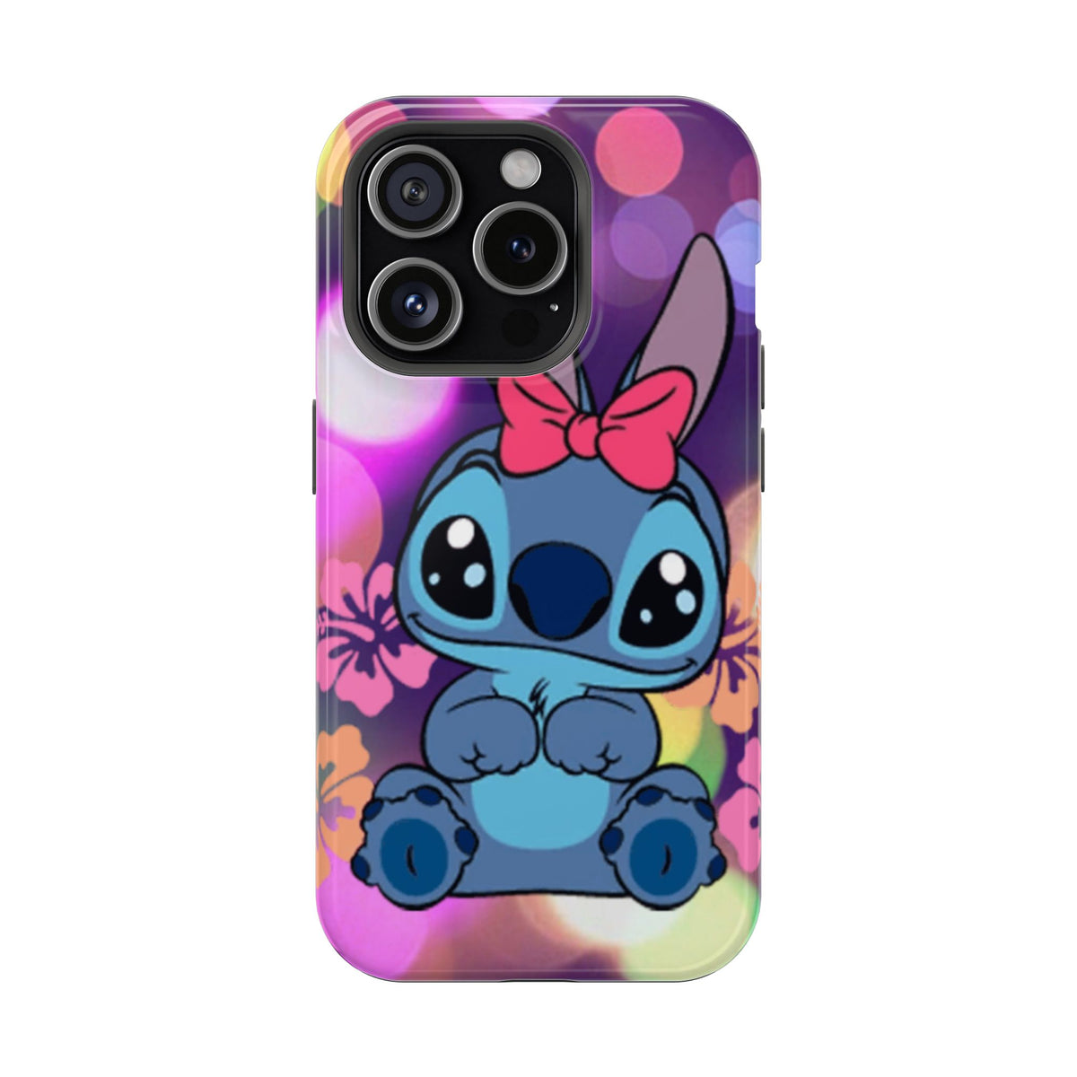 Cute Cartoon Stitch Phone Case - Magnetic Impact-Resistant Cover with Bow & Floral Bokeh Design