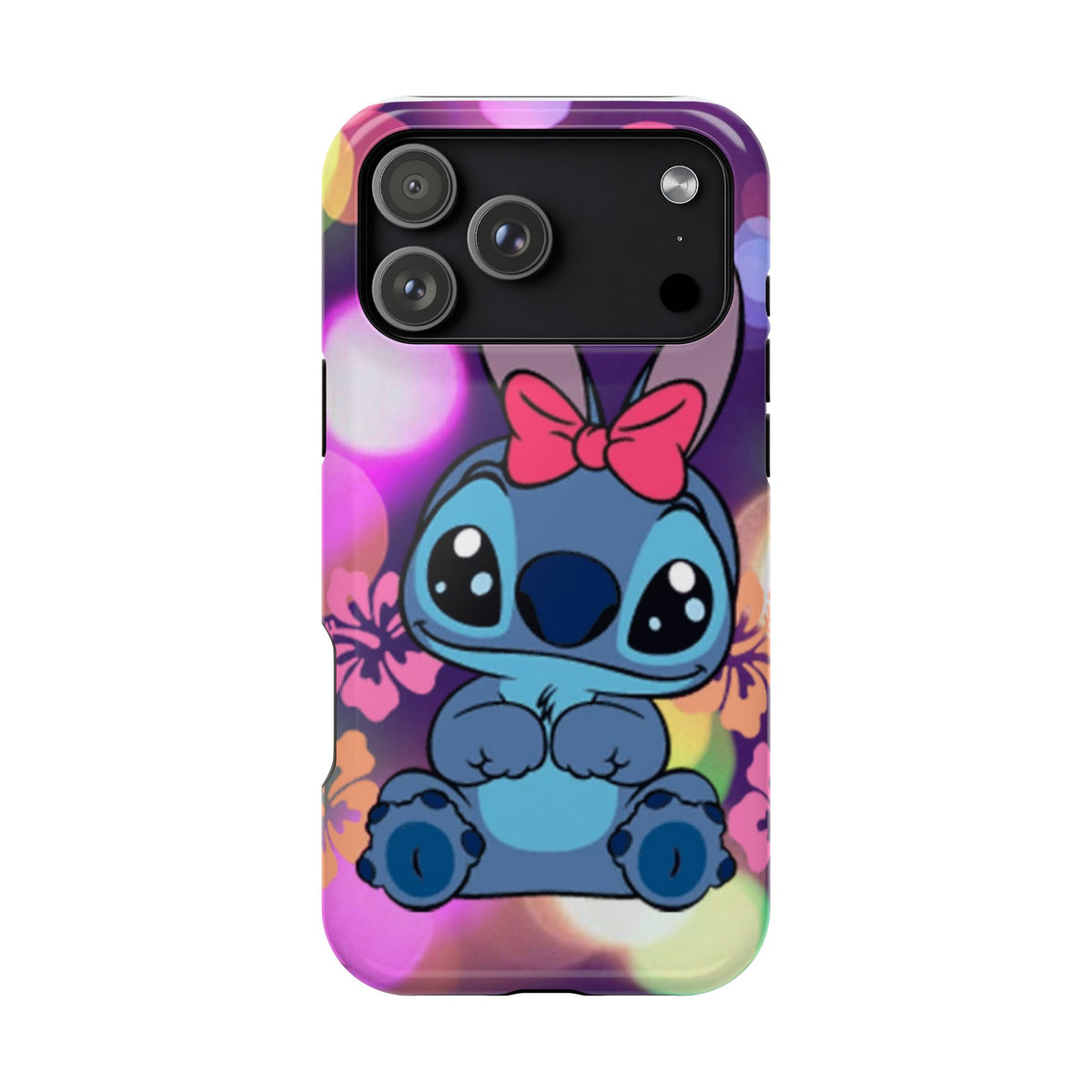 Cute Cartoon Stitch Phone Case - Magnetic Impact-Resistant Cover with Bow & Floral Bokeh Design