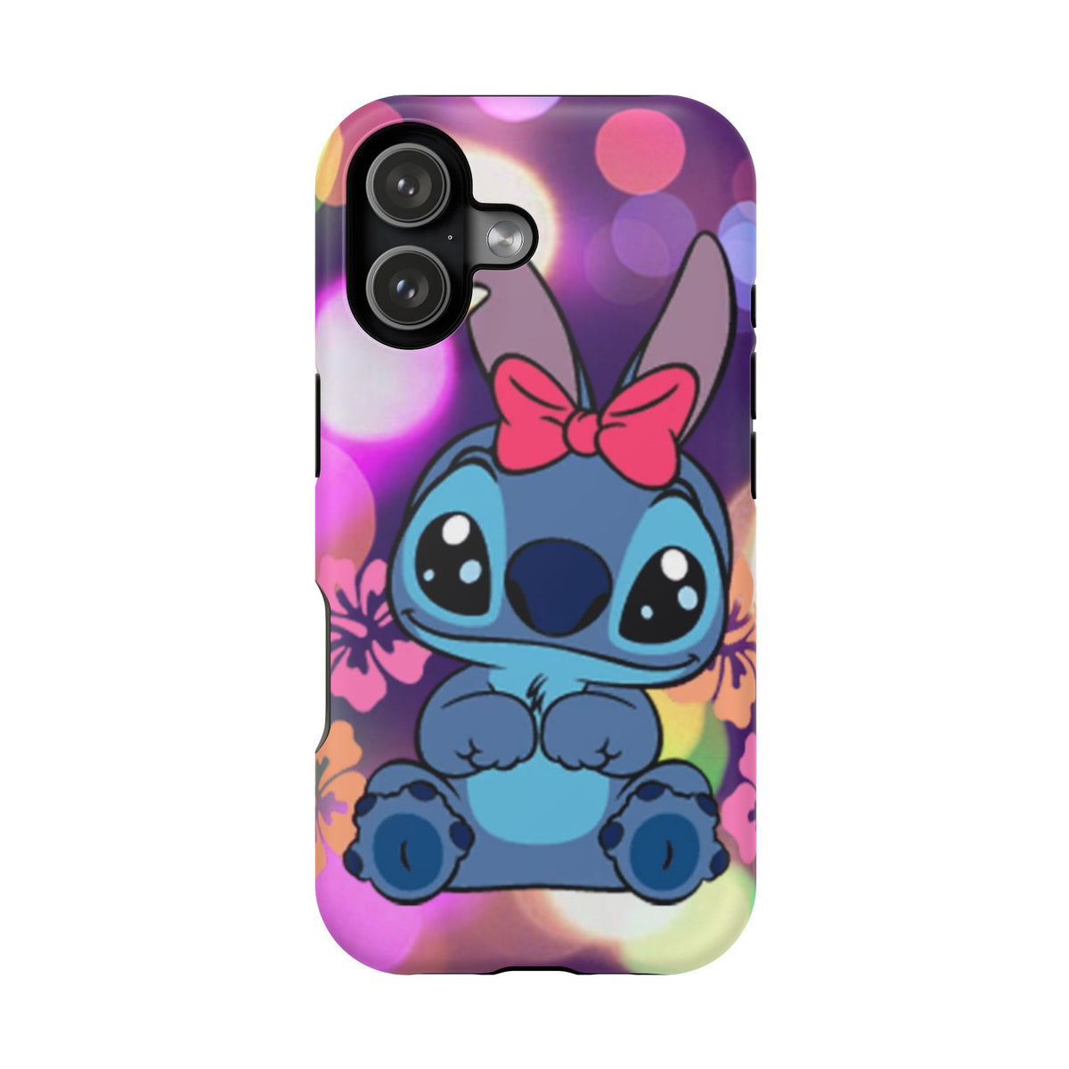 Cute Cartoon Stitch Phone Case - Magnetic Impact-Resistant Cover with Bow & Floral Bokeh Design