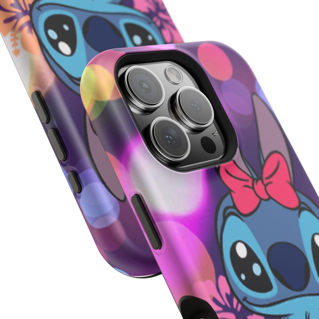 Cute Cartoon Stitch Phone Case - Magnetic Impact-Resistant Cover with Bow & Floral Bokeh Design