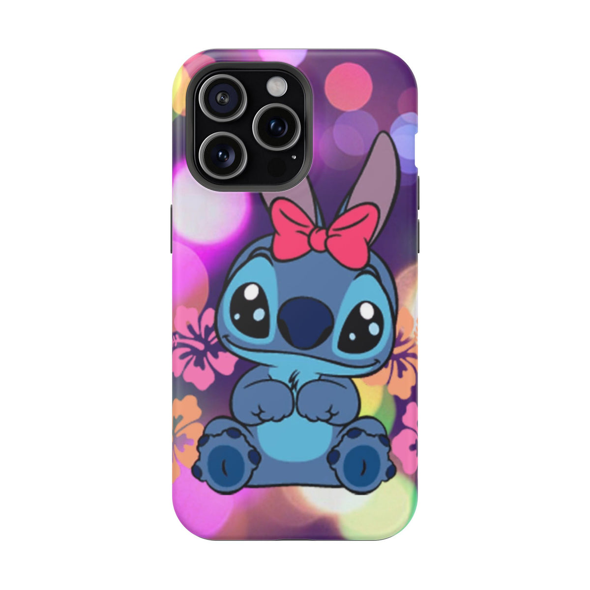 Cute Cartoon Stitch Phone Case - Magnetic Impact-Resistant Cover with Bow & Floral Bokeh Design