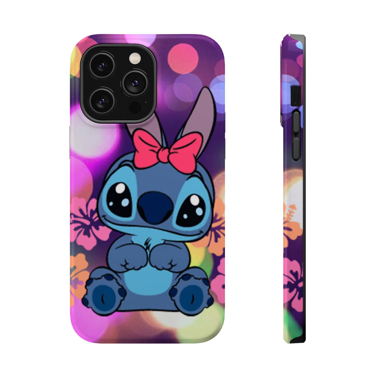 Cute Cartoon Stitch Phone Case - Magnetic Impact-Resistant Cover with Bow & Floral Bokeh Design