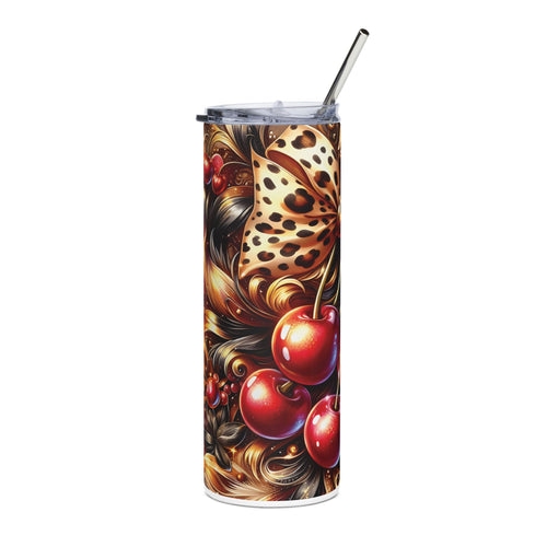Cherry & Leopard Bow Tumbler | 20oz Personalized Stainless Steel Cup