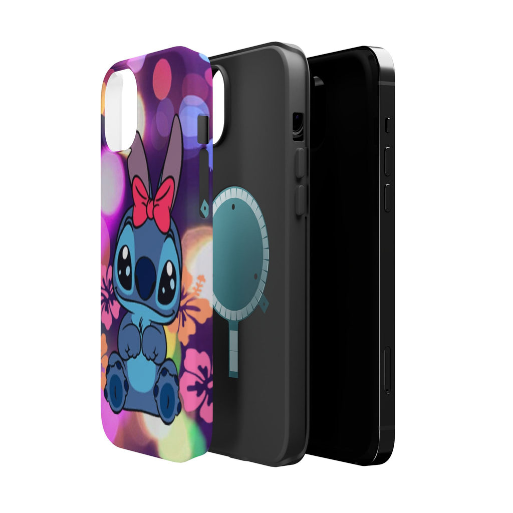Cute Cartoon Stitch Phone Case - Magnetic Impact-Resistant Cover with Bow & Floral Bokeh Design