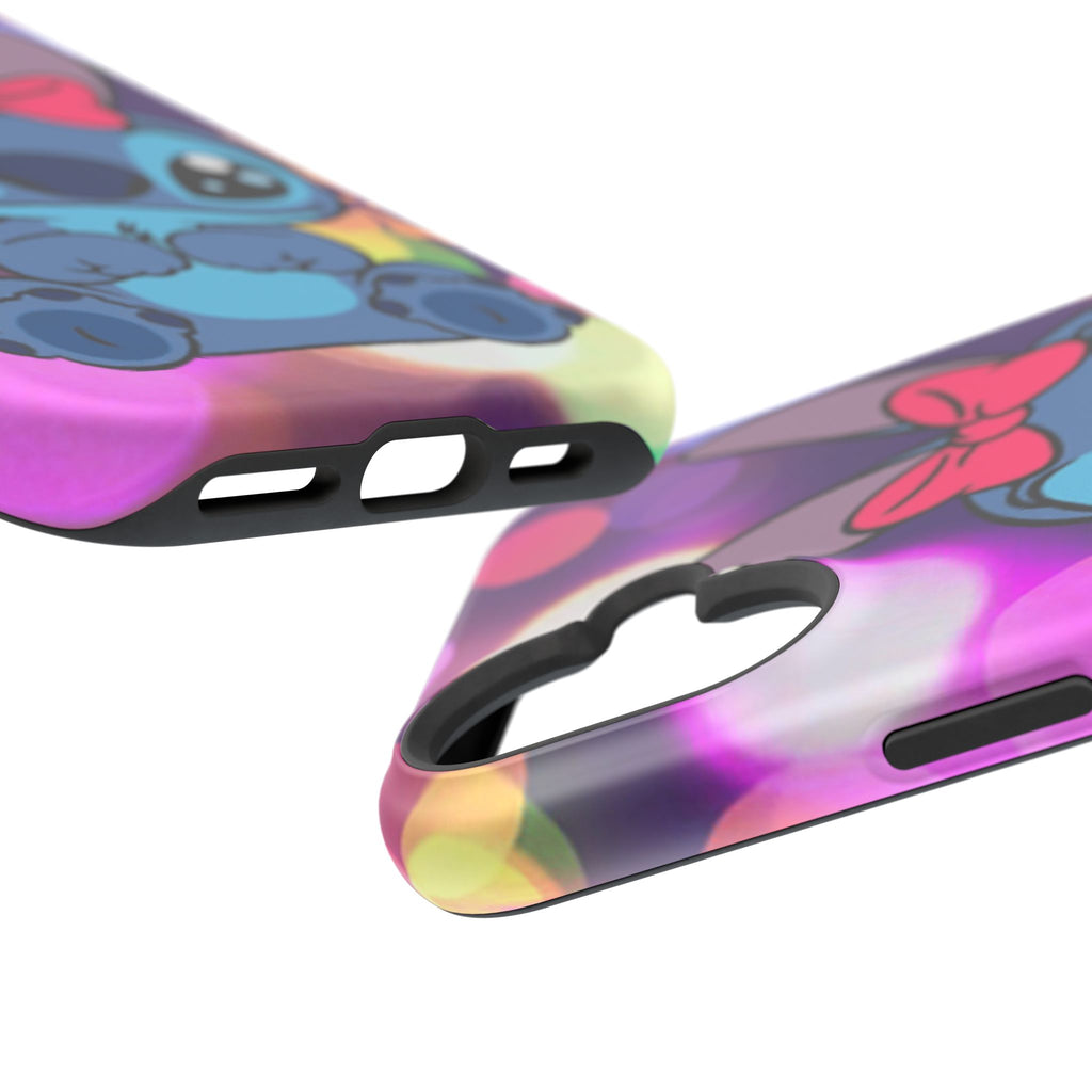 Cute Cartoon Stitch Phone Case - Magnetic Impact-Resistant Cover with Bow & Floral Bokeh Design