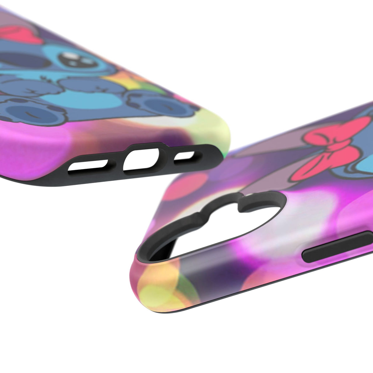 Cute Cartoon Stitch Phone Case - Magnetic Impact-Resistant Cover with Bow & Floral Bokeh Design
