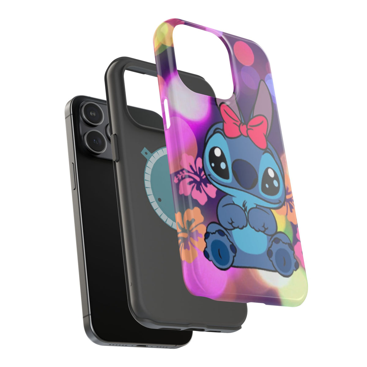 Cute Cartoon Stitch Phone Case - Magnetic Impact-Resistant Cover with Bow & Floral Bokeh Design