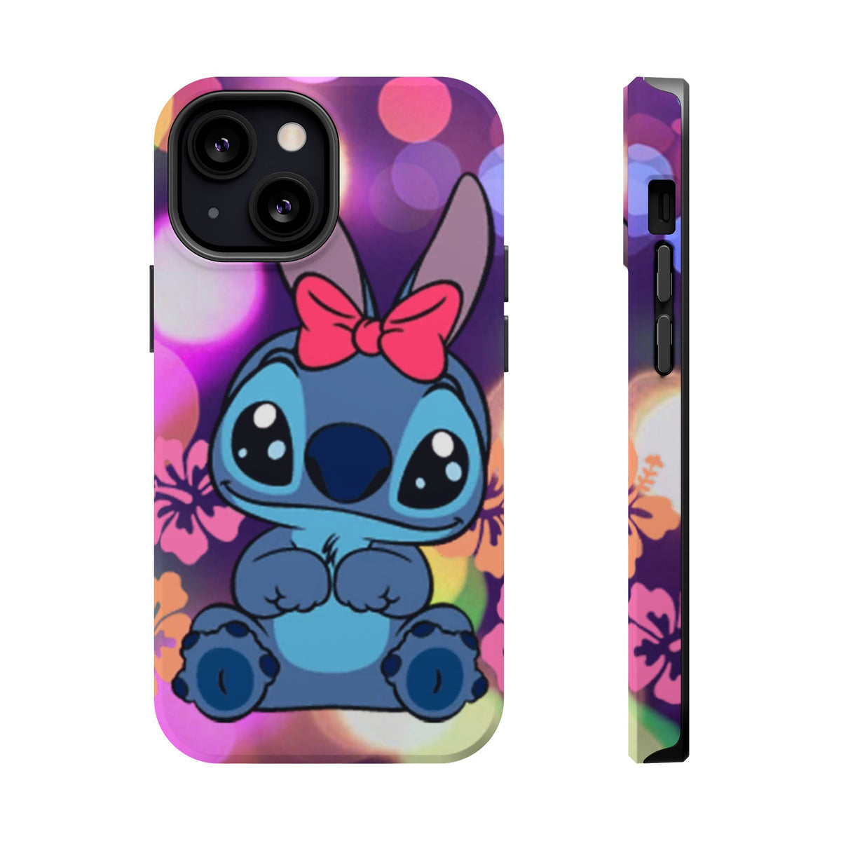 Cute Cartoon Stitch Phone Case - Magnetic Impact-Resistant Cover with Bow & Floral Bokeh Design