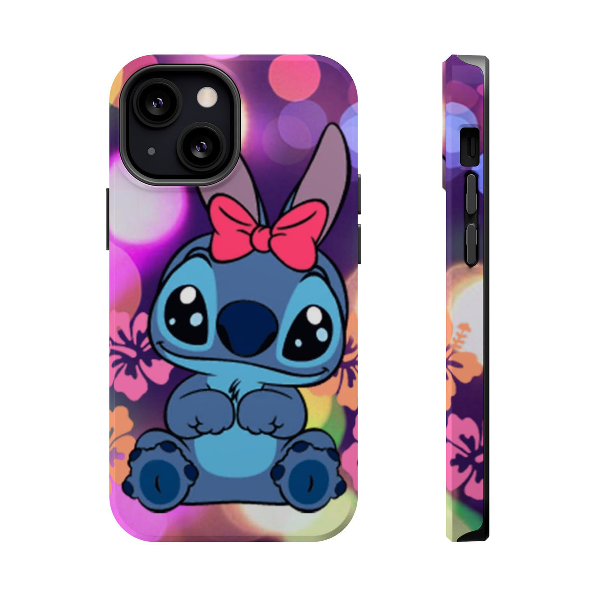 Cute Cartoon Stitch Phone Case - Magnetic Impact-Resistant Cover with Bow & Floral Bokeh Design