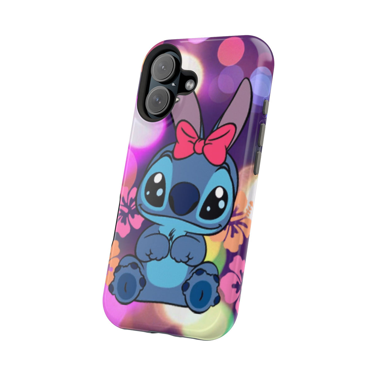 Cute Cartoon Stitch Phone Case - Magnetic Impact-Resistant Cover with Bow & Floral Bokeh Design