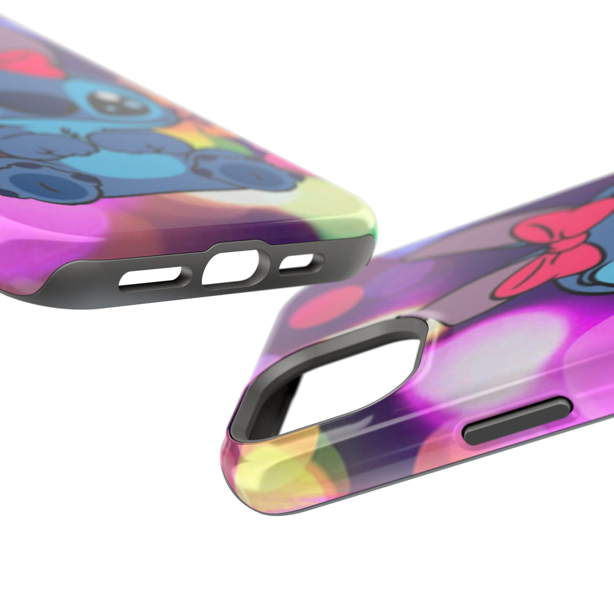 Cute Cartoon Stitch Phone Case - Magnetic Impact-Resistant Cover with Bow & Floral Bokeh Design