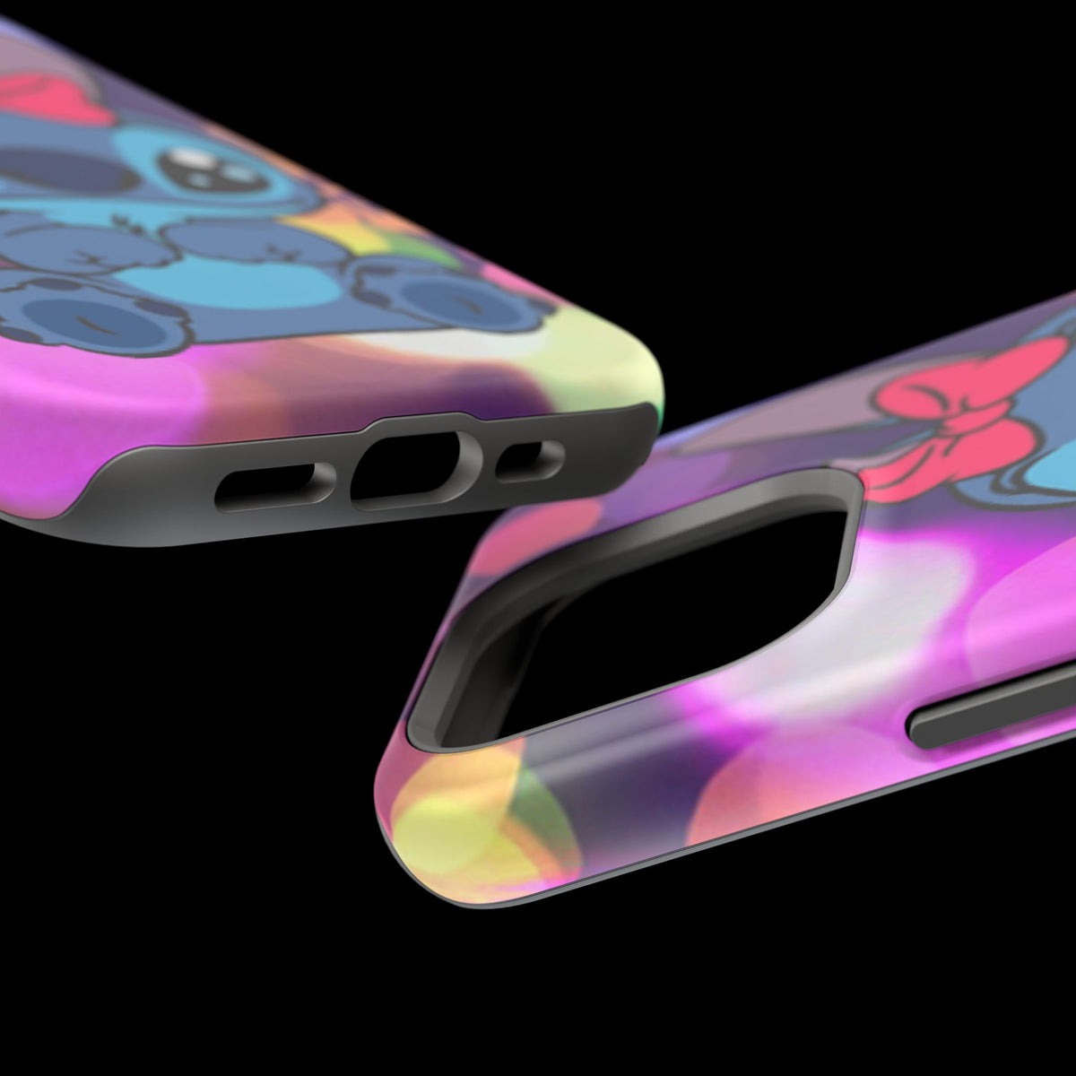 Cute Cartoon Stitch Phone Case - Magnetic Impact-Resistant Cover with Bow & Floral Bokeh Design