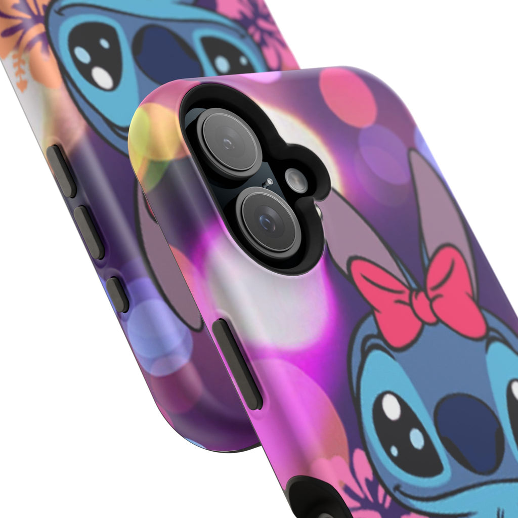 Cute Cartoon Stitch Phone Case - Magnetic Impact-Resistant Cover with Bow & Floral Bokeh Design