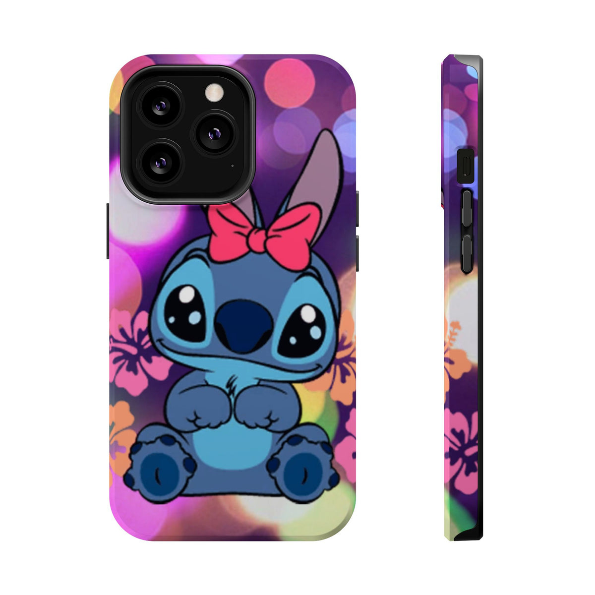 Cute Cartoon Stitch Phone Case - Magnetic Impact-Resistant Cover with Bow & Floral Bokeh Design